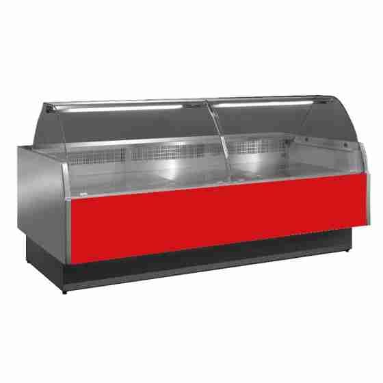 Banco refrigerato ventilato rosso per macelleria e salumeria +2+5°C con vano riserva 248x117,5x123,5h cm vetri curvi