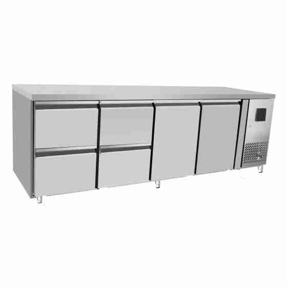 Tavolo frigo refrigerato a basso consumo energetico in acciaio inox 2 porte + 2 cassettiere da 1/2 -2+8 °C 223x70x85h cm
