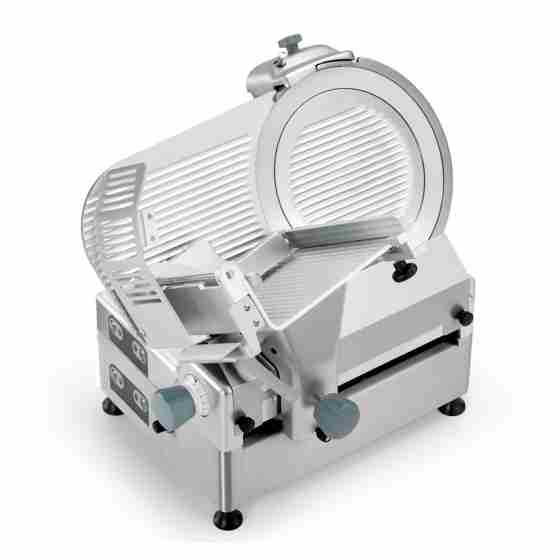 Affettatrice automatica per salumi a gravità in acciaio inox con affilatoio rimovibile lama Ø 330 mm 450 W