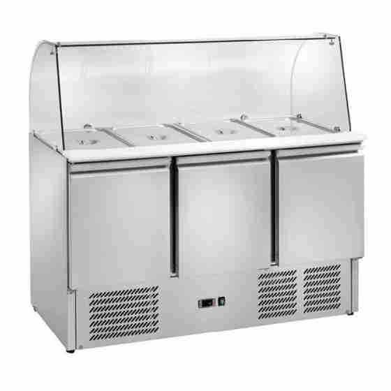 Banco frigo Saladette refrigerate in acciaio inox con vetro curvo 4 x GN 1/1