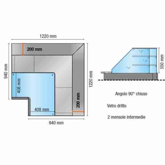 Espositore refrigerato ventilato angolo 90° chiuso vetri dritti con 2 mensole intermedie bianco +2 +6 °C 122x122 cm altezza 138,4h cm