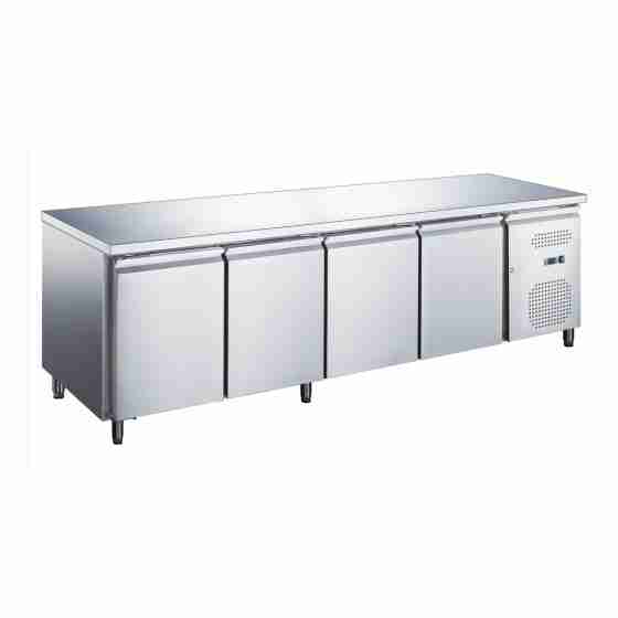 Tavolo frigo refrigerato 4 porte in acciaio inox  -2 +8 °C 2230x700x850 h mm tropicalizzato a basso consumo energetico
