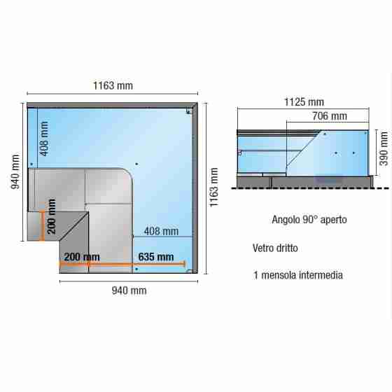 Espositore refrigerato ventilato angolo 90° aperto vetri dritti con mensola intermedia nero +2 +6 °C 116,3x116,3 cm altezza 122,4h cm
