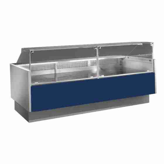Banco refrigerato ventilato blu per macelleria e salumeria +2+5°C con vano riserva 152x117,5x120h cm vetri dritti