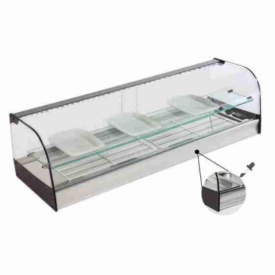 Vetrina frigo 2016x410x330h mm refrigerata da banco a due piani argento con vetri curvi, piano liscio e motore remoto incluso