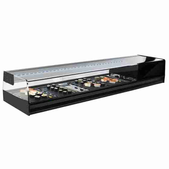 Vetrina frigo sushi 1216x410x245h mm refrigerata da banco nera vetri dritti con motore incorporato con piano liscio