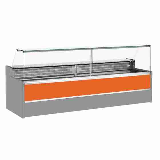 Banco refrigerato statico con vano riserva per salumeria e macelleria vetri apribili verso l'alto arancio +4 +6°C 400x98x127h cm