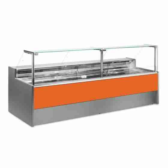 Banco refrigerato statico senza vano riserva per salumeria e macelleria arancio +2 +6 °C 300x109x128h cm