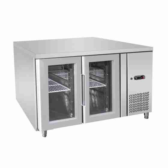 Tavolo frigo refrigerato a basso consumo energetico in acciaio inox 2 porte in vetro -2 +8 °C 1360x700x850 h mm