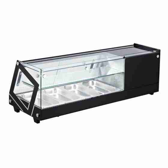 Vetrina frigo per sushi e tapas 113,1x39,5x37,5h cm 4 gn 1/3 refrigerata da banco nera con vetri dritti e motore incorporato