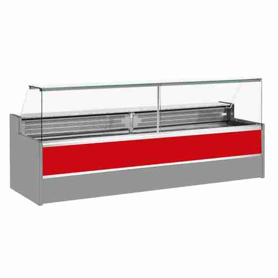 Banco refrigerato statico con vano riserva per salumeria e macelleria vetri apribili verso l'alto rosso +4 +6°C 150x98x127h cm