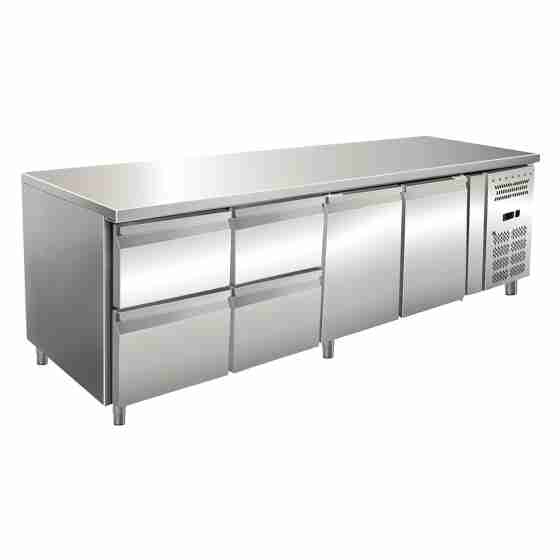 Tavolo frigo refrigerato in acciaio inox 2 porte 4 cassetti 1/2 223x70x86h cm -2 +8 °C 