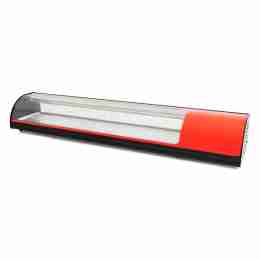 Vetrina frigo sushi 180,8x39x28,7h cm refrigerata da banco rossa con piano liscio vetri curvi e motore incorporato