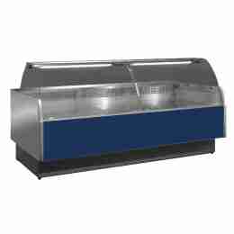Banco refrigerato ventilato blu per macelleria e salumeria +2+5°C con vano riserva 104x117,5x123,5h cm vetri curvi