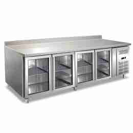 Tavolo frigo refrigerato in acciaio inox 4 porte in vetro 223x70x96h cm -2 +8 °C