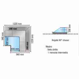 Espositore neutro angolo 90° chiuso vetri dritti con mensola intermedia blu 122x122 cm altezza 122,4h cm