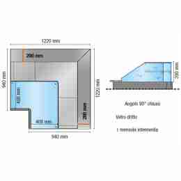Espositore refrigerato ventilato angolo 90° chiuso vetri dritti con mensola intermedia rosso +2 +6 °C 122x122 cm altezza 122,4h cm