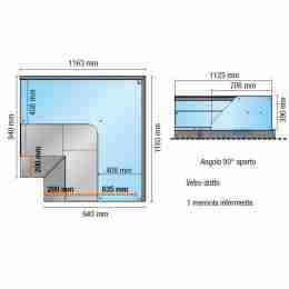 Espositore refrigerato ventilato angolo 90° aperto vetri dritti con mensola intermedia blu +2 +6 °C 116,3x116,3 cm altezza 122,4h cm