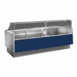 Banco refrigerato ventilato blu per macelleria e salumeria +2+5°C con vano riserva 296x117,5x120h cm vetri dritti