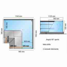 Espositore refrigerato ventilato angolo 90° aperto vetri dritti con 2 mensole intermedie rosso +2 +6 °C 116,3x116,3 cm altezza 138,4h cm