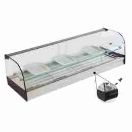 Vetrina frigo 2016x410x330h mm refrigerata da banco a due piani nera con vetri curvi, piano liscio e motore remoto incluso