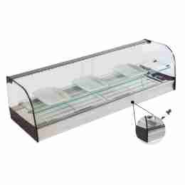 Vetrina frigo 1516x410x330h mm refrigerata da banco a due piani argento con vetri curvi, piano liscio e motore remoto incluso