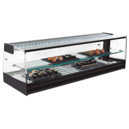 Vetrina frigo sushi 1216x410x360h mm refrigerata da banco a due piani nera con vetri dritti, piano liscio e motore remoto incluso