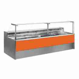 Banco refrigerato statico senza vano riserva per salumeria e macelleria arancio +2 +6 °C 250x109x128h cm