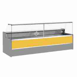 Banco refrigerato statico con vano riserva per salumeria e macelleria vetri apribili verso l'alto giallo +4 +6°C 200x98x127h cm