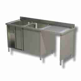Lavello / lavatoio 2 vasche in acciaio inox armadiato con vano pattumiera dx 1600x600x850h mm