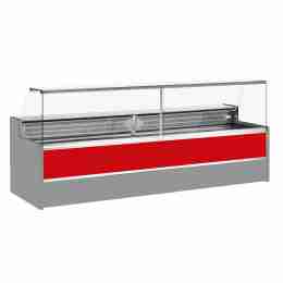 Banco refrigerato statico con vano riserva per salumeria e macelleria vetri apribili verso l'alto rosso +4 +6°C 350x98x127h cm