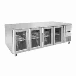 Tavolo frigo refrigerato a basso consumo energetico in acciaio inox 4 porte in vetro 0 +8 °C 2230×700×850 h mm