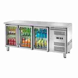 Tavolo frigo refrigerato in acciaio inox con 3 porte in vetro -2 +8 °C 179,5x70x85h cm