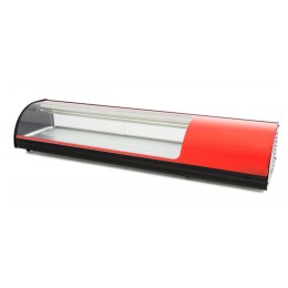 Vetrina frigo 145,6x39x28,7h cm refrigerata da banco rossa con piano liscio vetri curvi e motore incorporato 