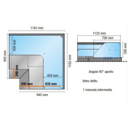 Espositore refrigerato ventilato angolo 90° aperto vetri dritti con mensola intermedia rosso +2 +6 °C 116,3x116,3 cm altezza 122,4h cm
