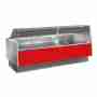 Banco refrigerato ventilato rosso per macelleria e salumeria +2+5°C con vano riserva 133x117,5x120h cm vetri dritti