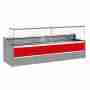 Banco refrigerato statico con vano riserva per salumeria e macelleria vetri apribili verso l'alto rosso +4 +6°C 250x98x127h cm